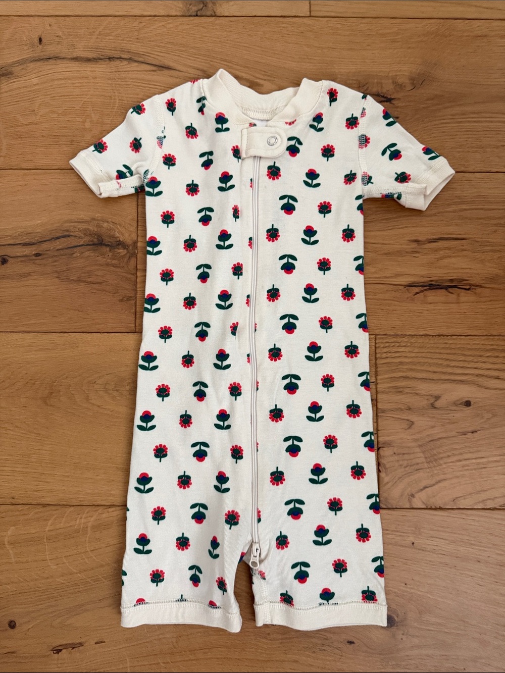 Hanna Andersson Cream Short-Sleeve One-Piece with Pink Floral Print